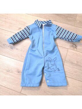 Vtg Infant Zip Up Blue Striped Romper Bunny Rabbit Embroidered Long Sleeve Sz 3M